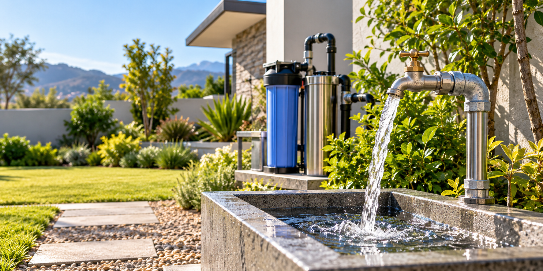 Alternative water source with outdoor filtration and running tap