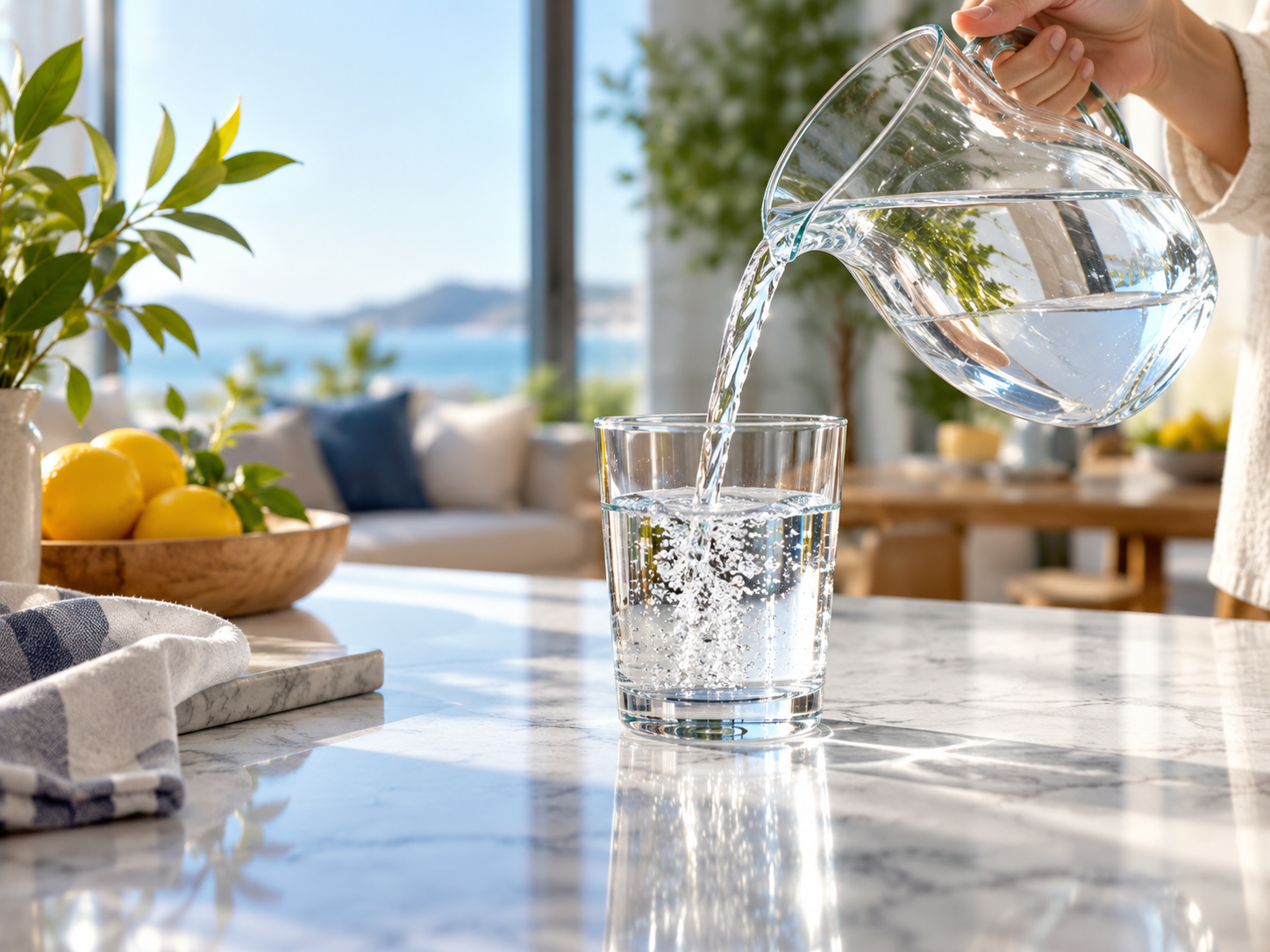 Pouring clean drinking water into a glass