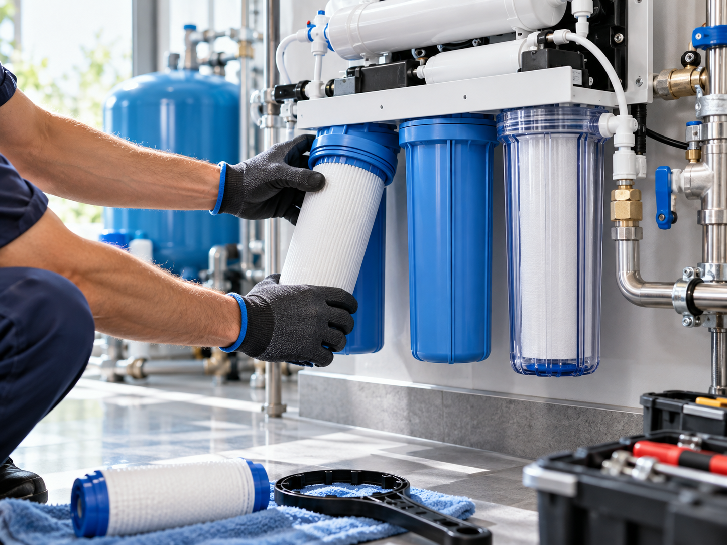Hands replacing a filter on a water treatment system