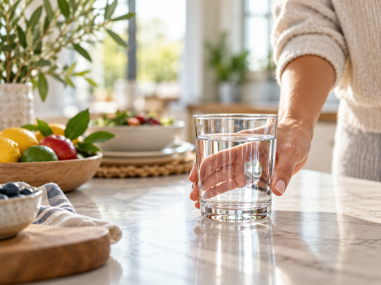 Hand placing a glass of clean water on a bright home countertop